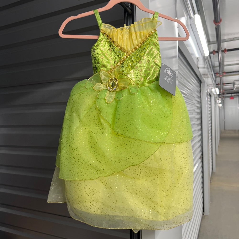 Disney Princess Tiana Costume Dress Kids Sz 5/6 Green Yellow Glitter Sequin NWT